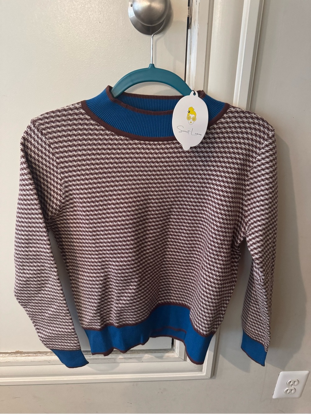 Blue-Trim Brown Houndstooth Women's Sweater